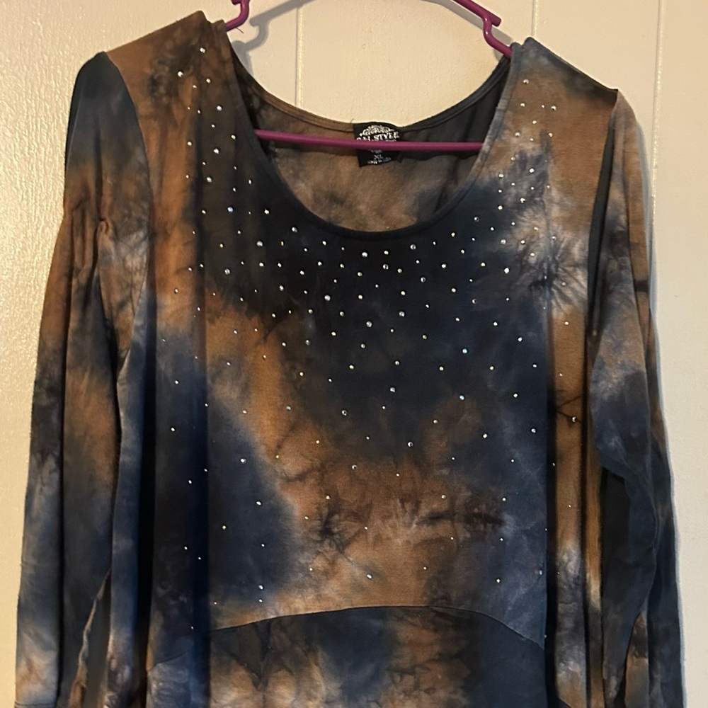 Cal Style Womens Purple Metal Studded Butterfly Asymetric Tunic Top Size XL